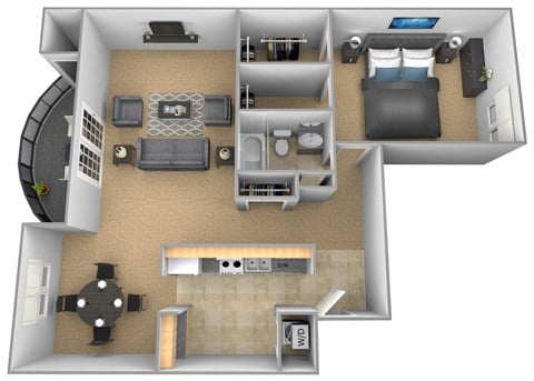 Floor plan for 1 bed, 1 bath, 990 sqft